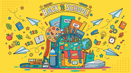 Obraz premium A colorful illustration of school supplies and objects flying around a backpack on a yellow background for a Back to School event.