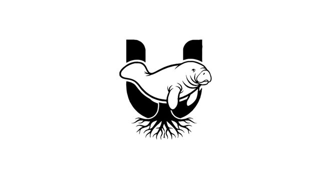 Manatee illustration with roots forming letter U shape.