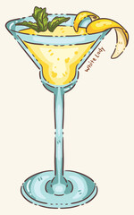 Niocte Classic White Lady or gimlet cocktail with fresh mint and lemon twist, cute cartoon doodle vector illustration © Patharakan