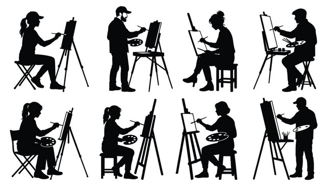 Detailed black vector illustration set featuring various artists painting on easels in a studio setting