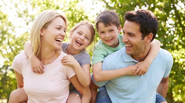 Happy Parents Giving Piggyback Rides to Their Young Children in a Sunny Green Park During a Weekend Outing