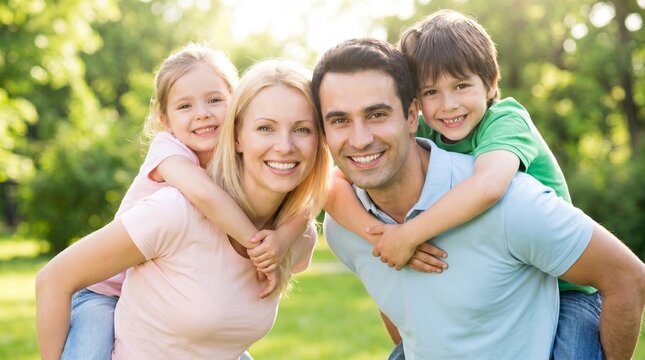 Joyful family moments outdoors as parents give their happy children piggyback rides in a lush green park, celebrating love and togetherness in nature