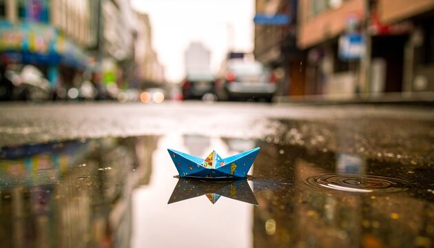 Blue Paper Boat Floating in City Puddle