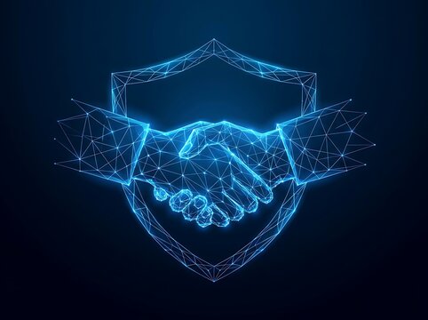 Digital handshake agreement with shield icon futuristic polygon network security concept