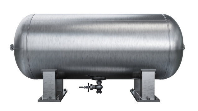 Large metallic horizontal cylindrical storage tank with valve, isolated on transparent background