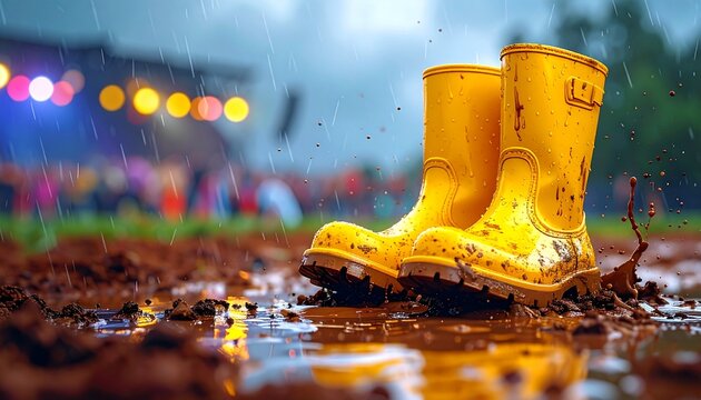 Yellow Rain Boots in Muddy Festival Puddle