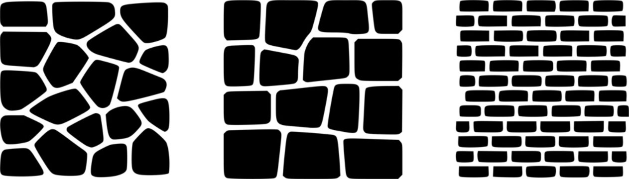 Stone wall and brick texture vector icon set featuring cobblestone paving stones block masonry and a traditional brickwork pattern isolated on a white background.