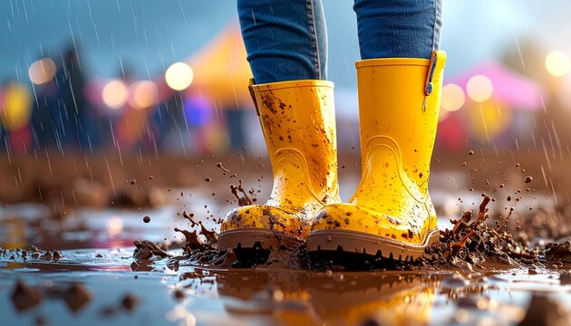 Yellow Rain Boots in Muddy Festival Puddle