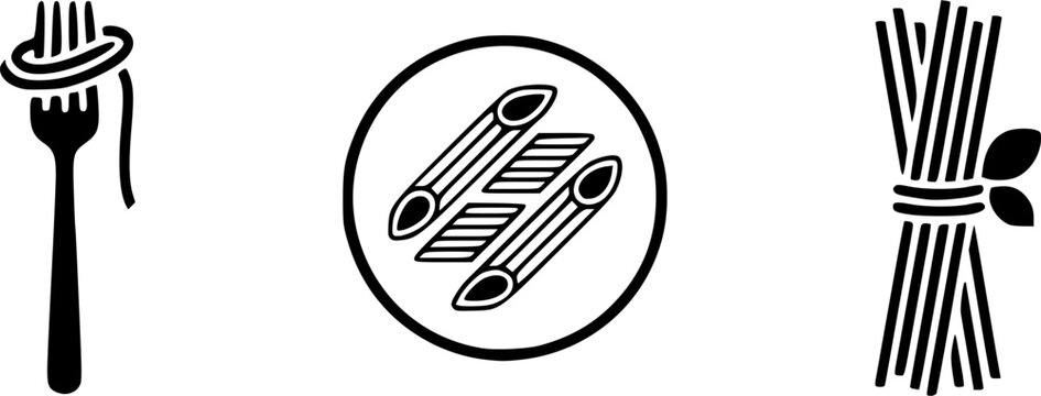Italian pasta vector icon set featuring spaghetti swirled on a fork penne noodles in a circle and a raw pasta bundle tied with a leaf isolated on a white background.