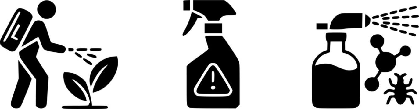 Agriculture pesticide and chemical spraying icon set featuring a worker treating plants with a backpack sprayer a toxic warning bottle and bug control extermination symbols.