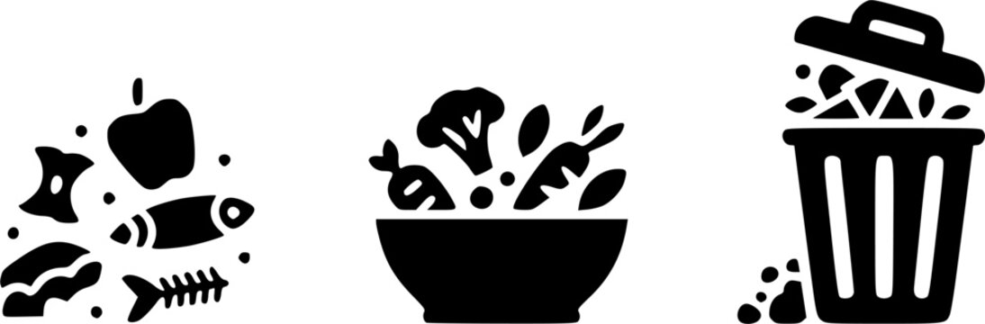 Food waste and composting vector icon set showing leftovers like apple cores and fish bones a bowl filled with organic scraps and a garbage bin filled with refuse.