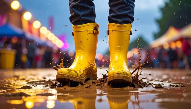Yellow Rain Boots in Muddy Festival Puddle