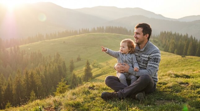 Loving father holding his toddler daughter while sitting on a grassy mountain hillside during a warm sunset in the countryside