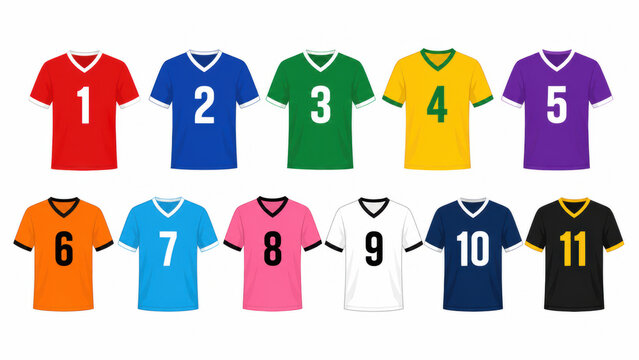 Set of colorful soccer jerseys with numbers from one to eleven in pixel art style