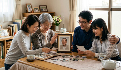 Fototapeta premium 故人の肖像写真を囲み思い出を語り合う家族と温かい光