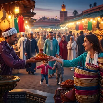 Vendor serving a tajine dish to a customer in a bustling Moroccan marketplace at sunset.