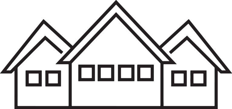 Black outline of three simple houses with pitched roofs and square windows, representing real estate, housing, property, also transparent background