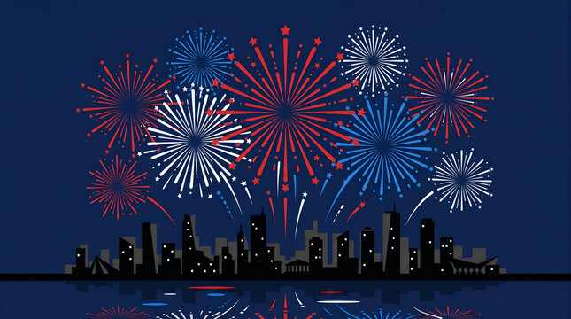 Red white and blue fireworks bursting over a city skyline silhouette at night