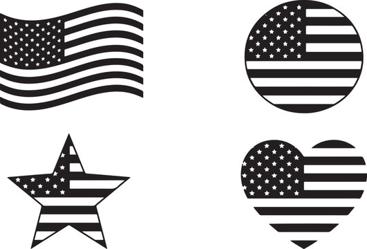 American flag designs in various shapes featuring stars and stripes patterns in waving rectangle circular star and heart silhouettes black.