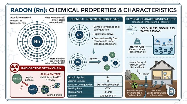 Radon (Rn) chemical properties and characteristics infographic highlighting atomic and electronic structure, noble gas inertness, radioactive decay chain, physical behavior at standard conditions, ind