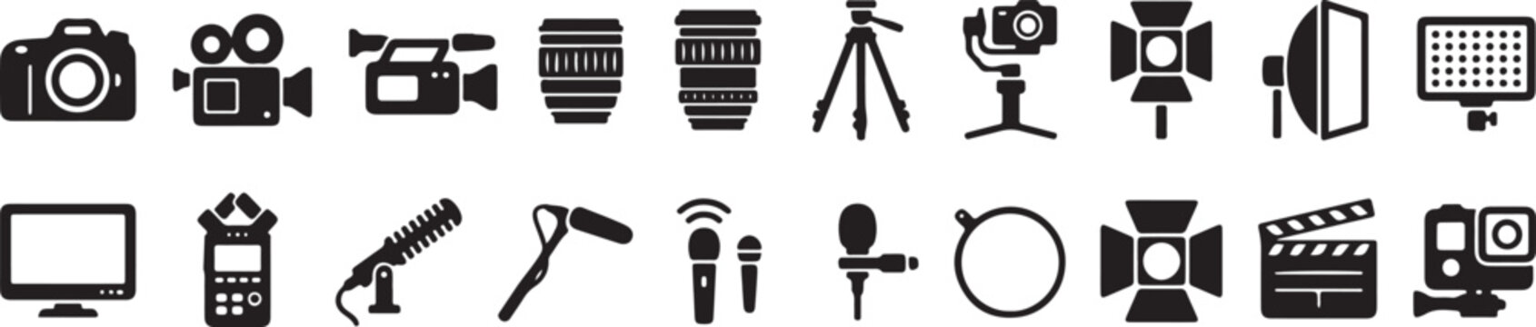 Photography and videography equipment icons set featuring professional cameras lenses tripods studio lighting microphones and accessories.