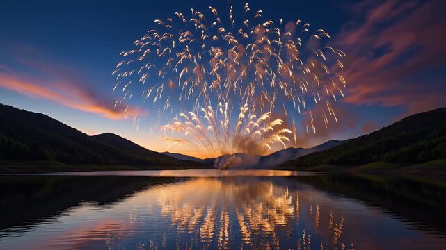 Fireworks explode over a calm lake reflecting the dazzling display against a twilight sky