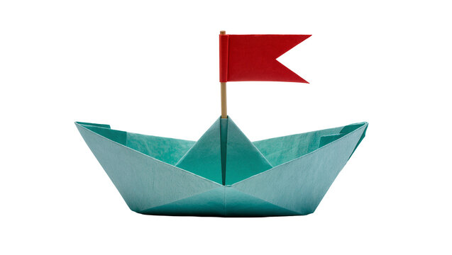 Light blue origami paper boat with red flag, isolated on transparent background