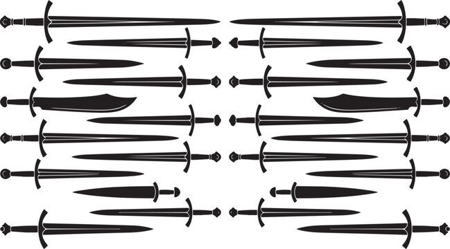 Set of black sword icons isolated on transparent background illustrating various medieval weaponry blades for fantasy games and historical projects.