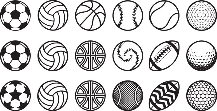 Set of sports balls icons for various athletic games featuring basketball football soccer baseball volleyball and golf ball designs for projects.