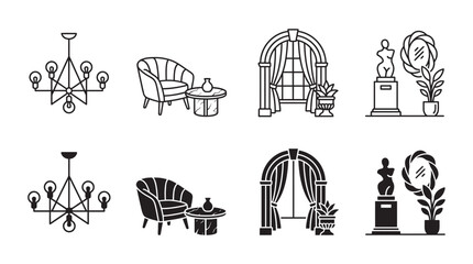 Fototapeta premium Interior design and luxury home furniture icons set with chandelier and decor furniture interior chandelier armchair