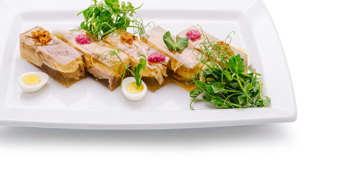 Aspic terrine with jellied meat, mustard, and quail egg
