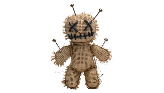 Burlap voodoo doll with pins stuck in it, isolated on transparent background