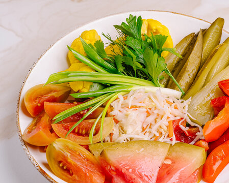 Assortment of pickled and fermented vegetables appetizer plate
