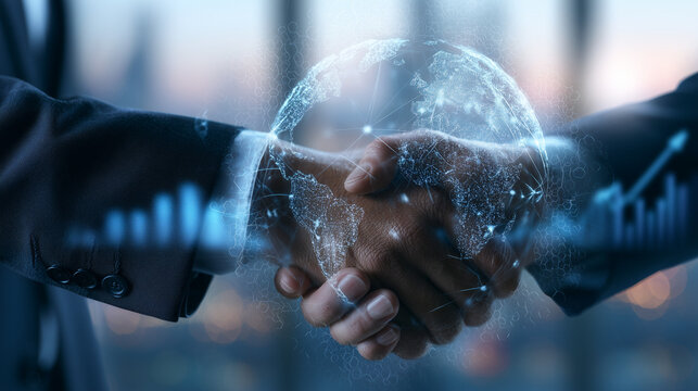 Business handshake between partners with glowing wireframe digital world globe and financial graph overlay, global international business cooperation concept