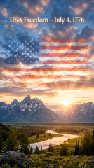 American flag in sky over mountain landscape with river and independence day text