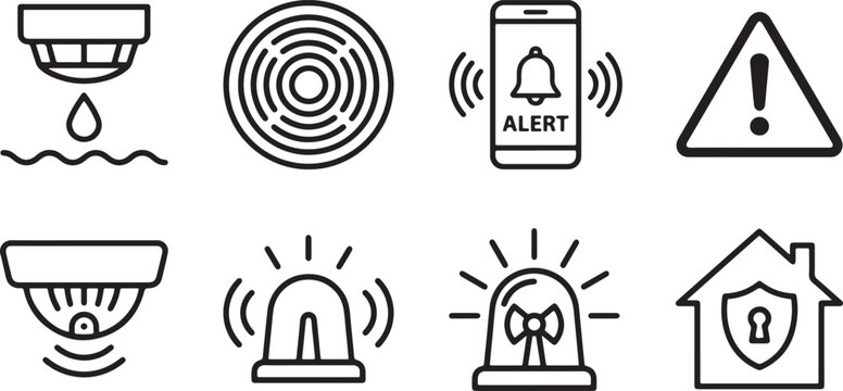 Set of security monitoring alert icons representing smart home alarm systems smoke and water leak detectors siren and emergency notification symbols.