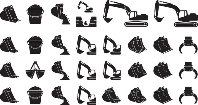 Industrial excavator and construction equipment flat vector icons showing heavy machinery buckets digging tools and earthmoving vehicles for sites.
