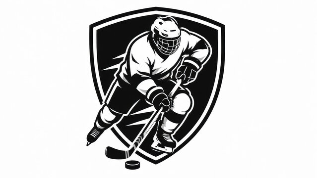 Black and white hockey player silhouette icon inside a classic sport team shield logo