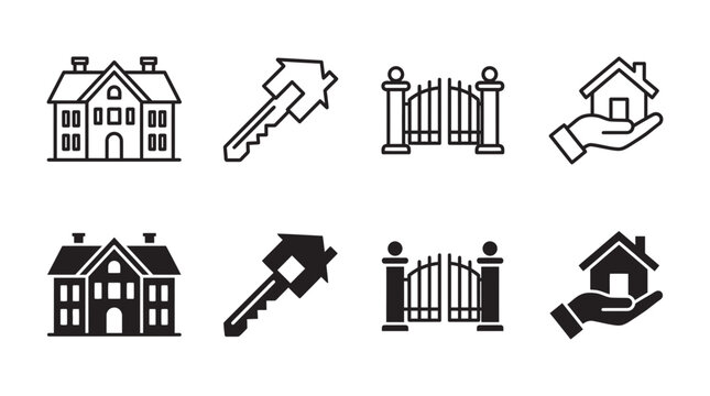 Real estate property icons featuring houses keys gates and holding home hand symbol property residential silhouette