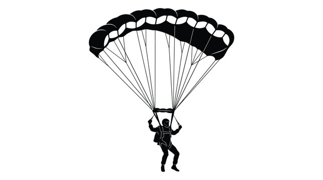 A detailed black and white vector graphic illustration of a paratrooper descending with an open parachute