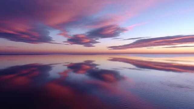 Serene sky and water mirror the colorful clouds at twilight, calm