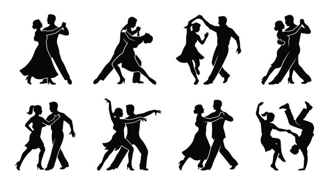 Elegant black vector illustration showing various professional dancers performing classic ballroom and rhythmic dance poses