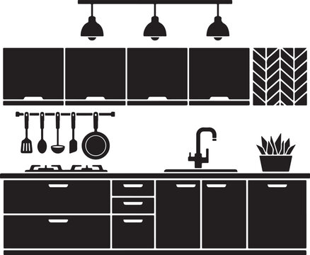 Kitchen furniture layout with overhead cabinets cooking tools and gas range stove for professional culinary area black silhouette vector set.