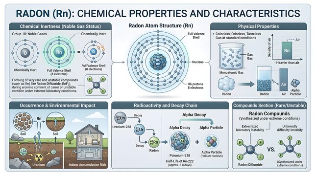 Radon (Rn) chemical properties and characteristics poster detailing chemical inertness as a noble gas, atomic and physical data, occurrence and environmental impact, radioactive decay chain, and limit