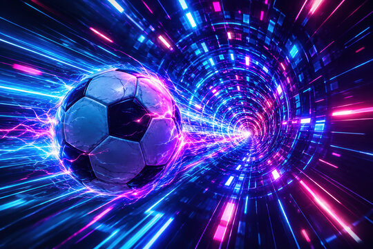 Soccer ball flying through a bright neon light tunnel with glowing blue and pink lines