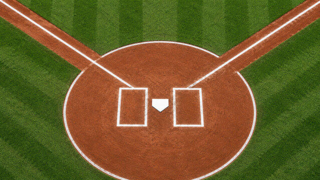Top view of a baseball field home plate area on a green grass sports stadium