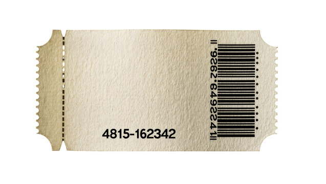 Vintage paper ticket with perforated edge and barcode, isolated on transparent background
