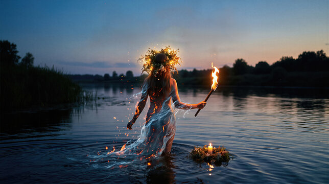Woman with flower wreath and torch standing in river at night. Magical pagan ritual for Ivan Kupala celebration. Fantasy Slavic folklore tradition with fire and water elements.