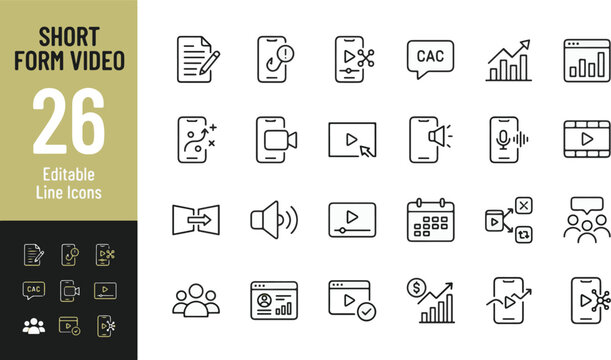 Short Form Video Marketing Line Icons Set, 26 Editable Vector Symbols for Social Media, Viral Content, Reels, TikTok, Shorts, Vlog, Analytics, Influencer Marketing & Digital Content Creation Design