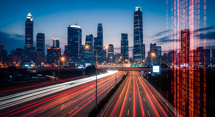 Obraz premium Modern city skyline at night with digital binary code overlay and light trails on highway